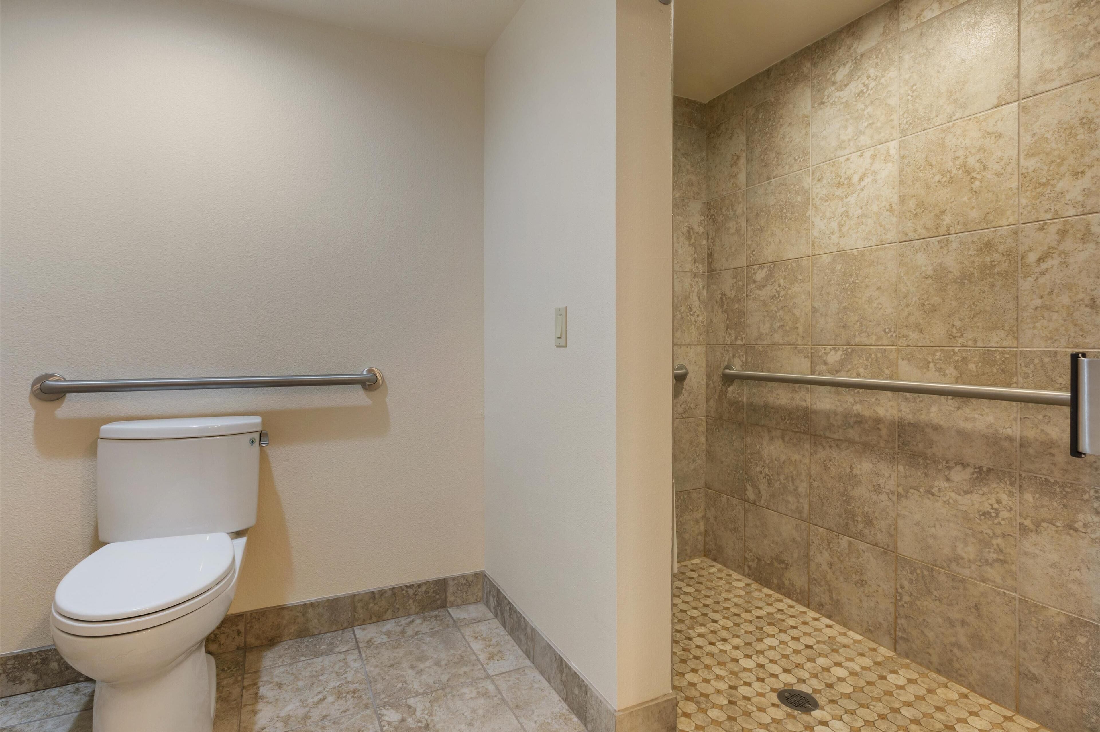 standard room, 2 queen beds, accessible, refrigerator & microwave | bathroom | hair dryer, towels, soap, shampoo