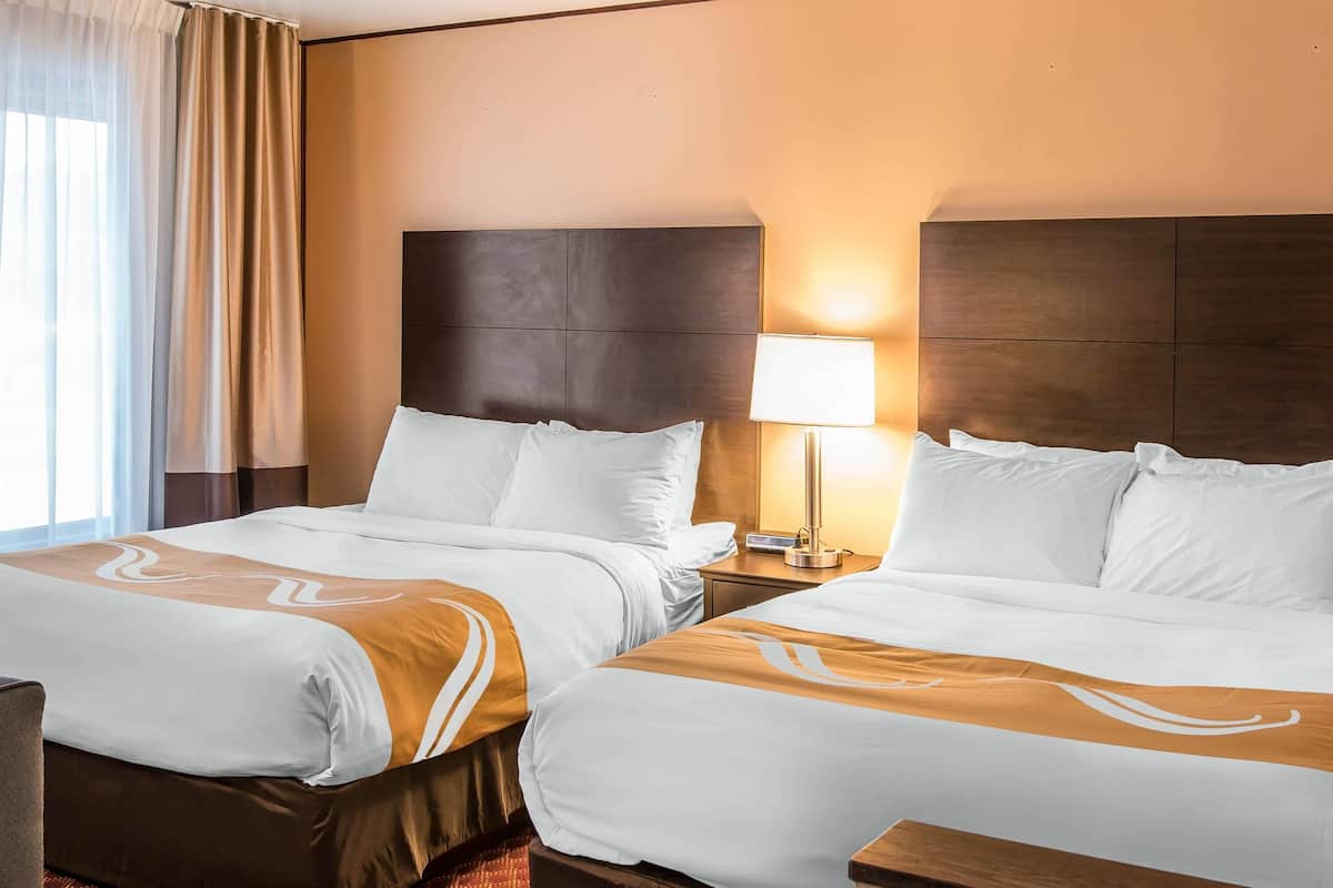 A hotel room with two beds, a nightstand with a lamp, and a view of the outdoors.