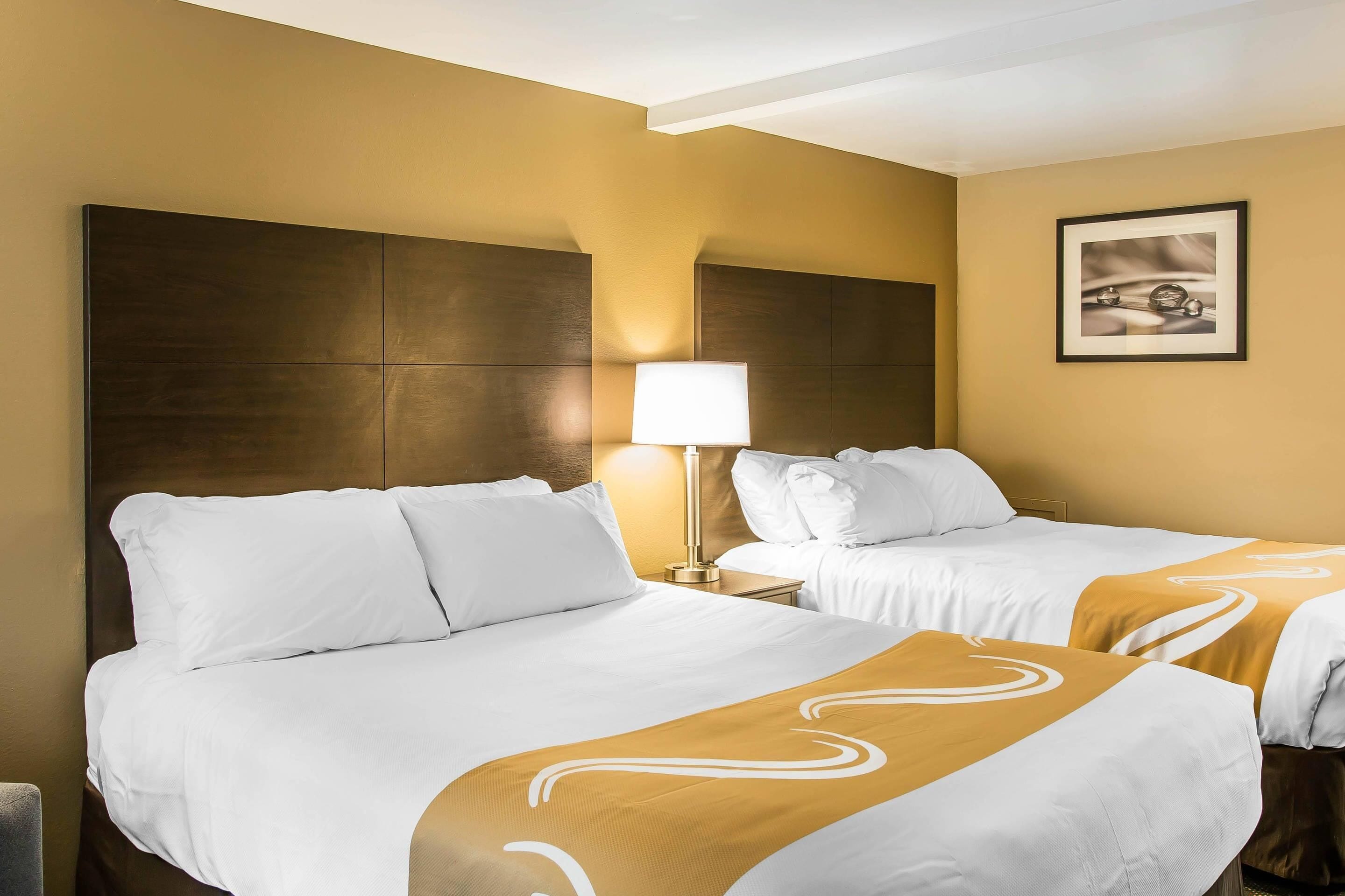 Habitación de hotel con dos camas, una mesita de noche con lámpara y un cuadro enmarcado en la pared.