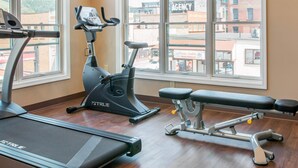 A gym with a treadmill, an elliptical, and a bench. - Quality Inn & Suites Houghton Downtown (Houghton)