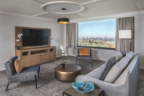 Premium bedding, desk, laptop workspace, iron/ironing board