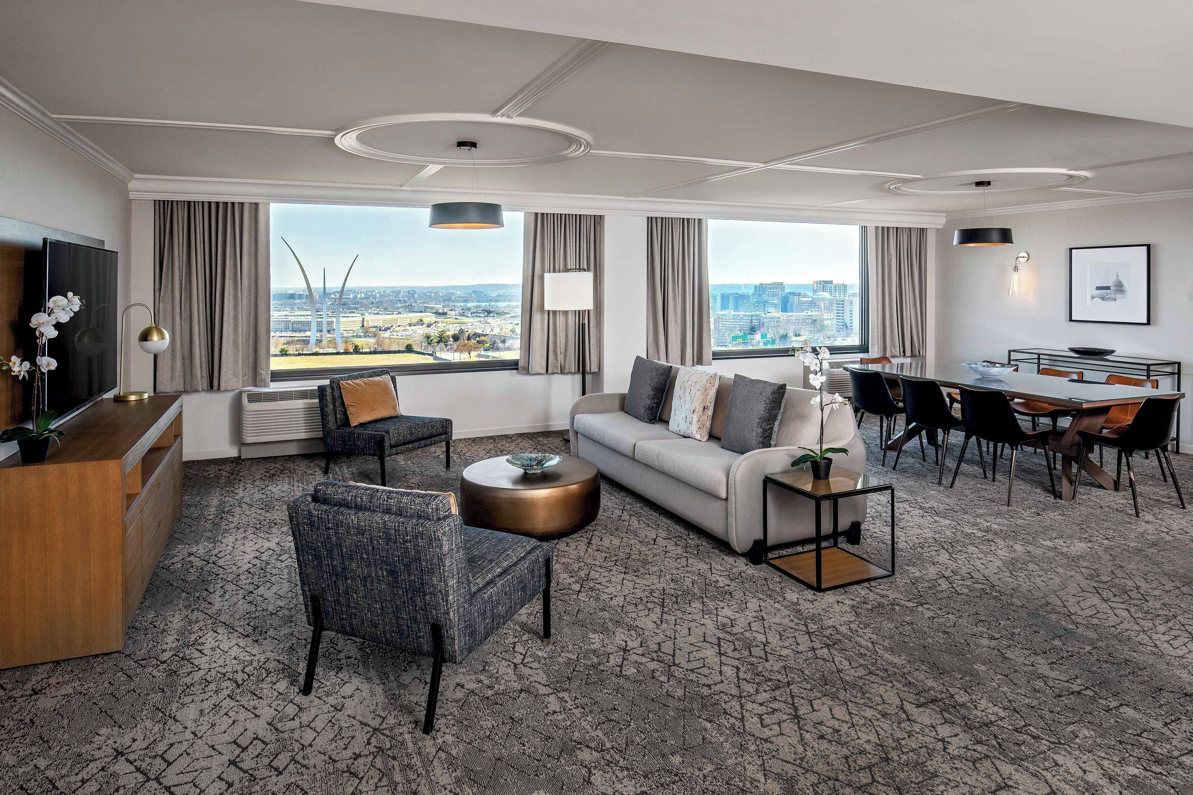 Premium bedding, desk, laptop workspace, iron/ironing board