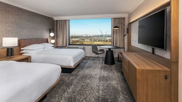 Premium bedding, desk, laptop workspace, iron/ironing board