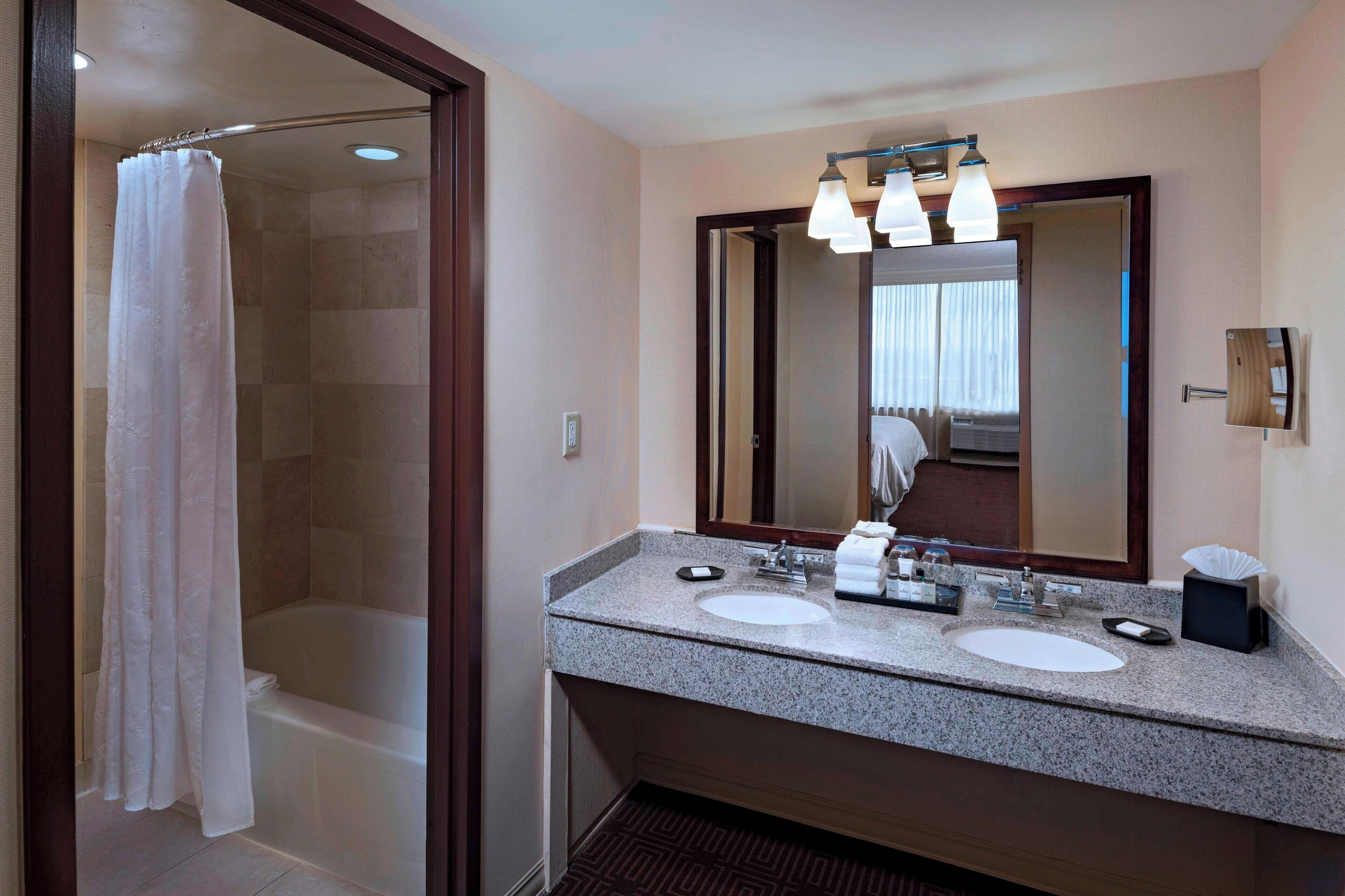 combined shower/bathtub, free toiletries, hair dryer, towels