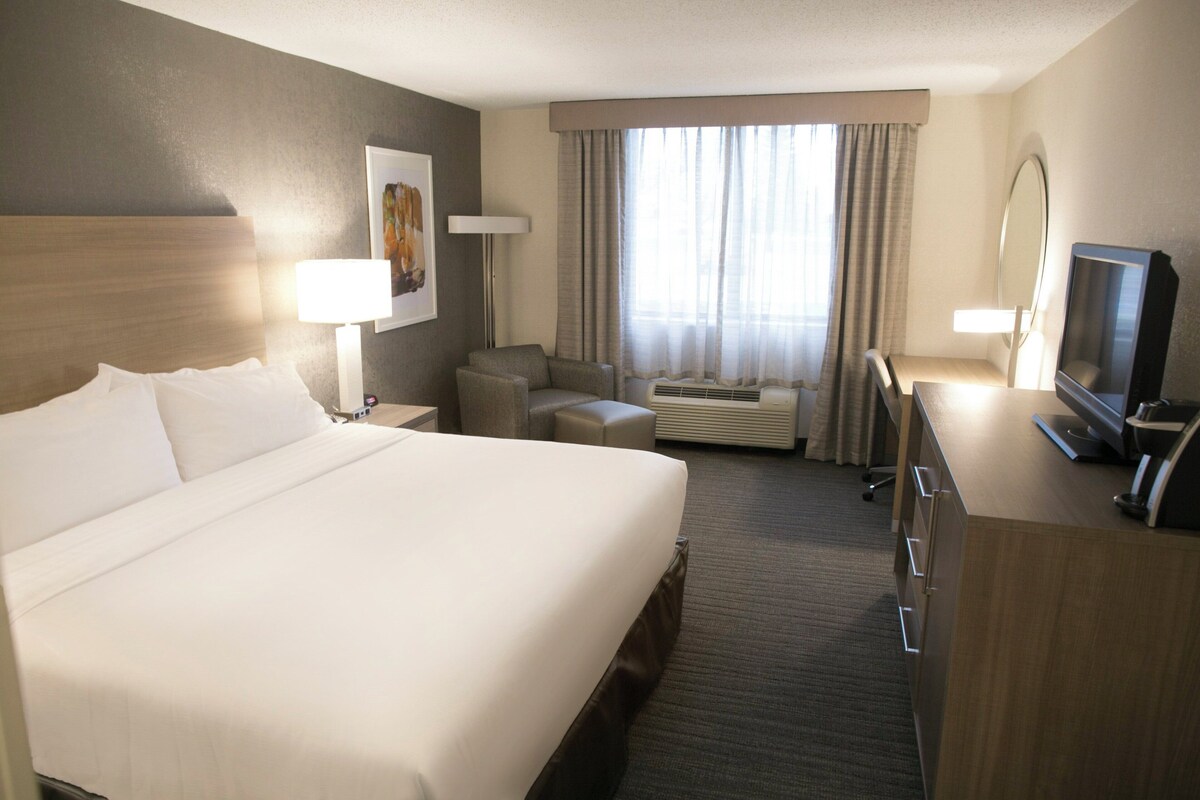 A hotel room with a large bed, a desk with a television, a chair, a desk lamp, and an air conditioning unit.