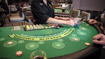 A blackjack table with chips and cards, a dealer, and a player.
