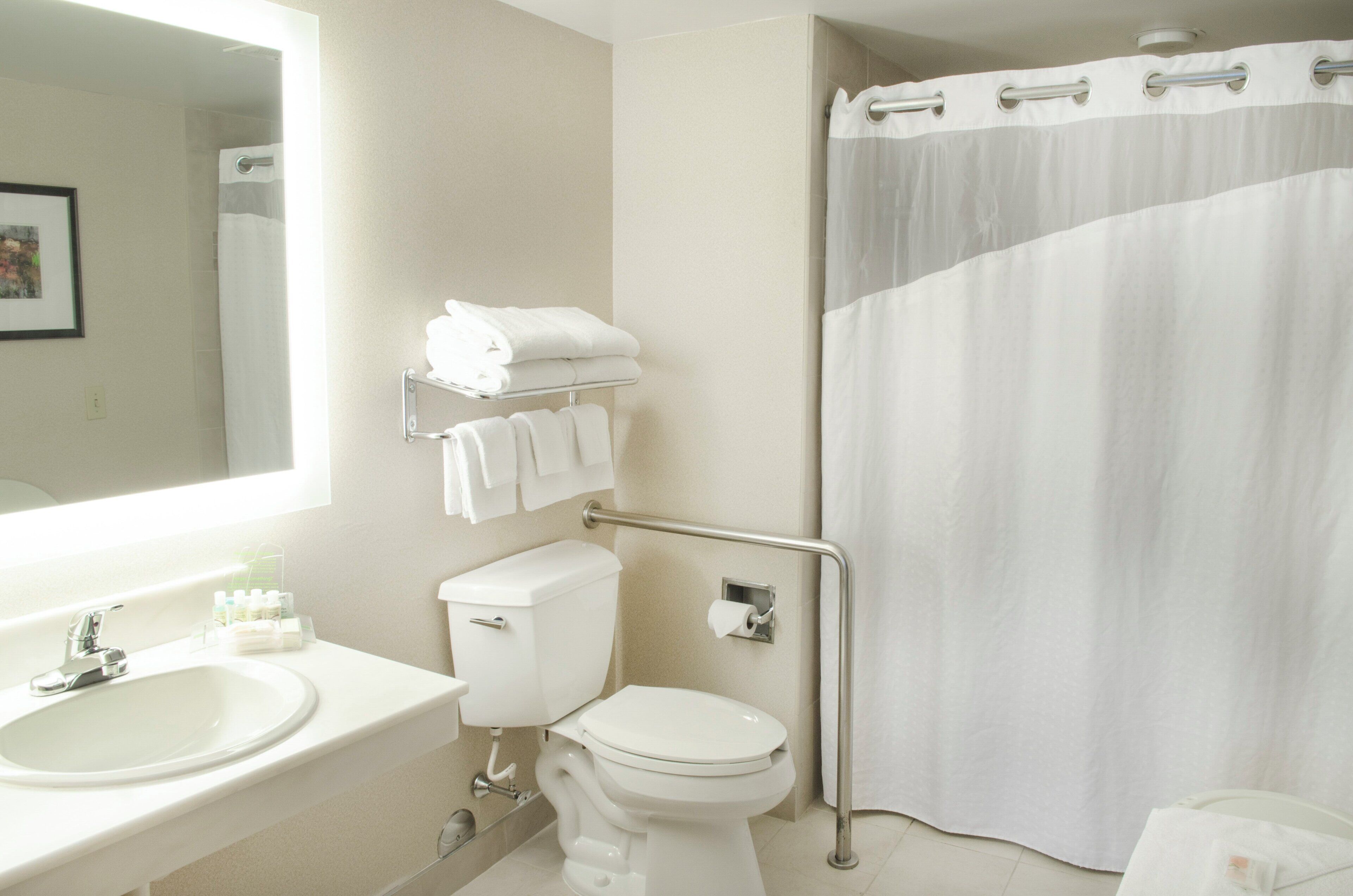 Une salle de bain équipée de toilettes, d’un lavabo et d’un rideau de douche.