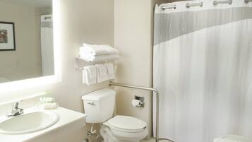 Une salle de bain équipée de toilettes, d’un lavabo et d’un rideau de douche.