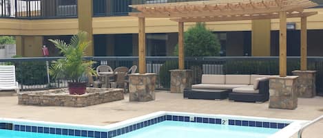 Outdoor pool, open 11:00 AM to 8:00 PM, sun loungers