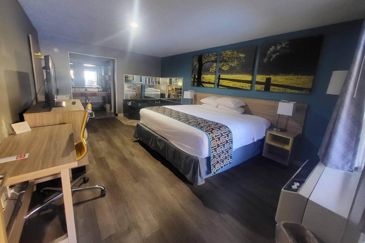 A hotel room with a bed, a desk, a chair, a TV, a mirror, and a window with a view of trees.