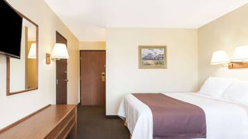 Habitación de hotel con cama, un banco de madera, televisión y un cuadro en la pared.