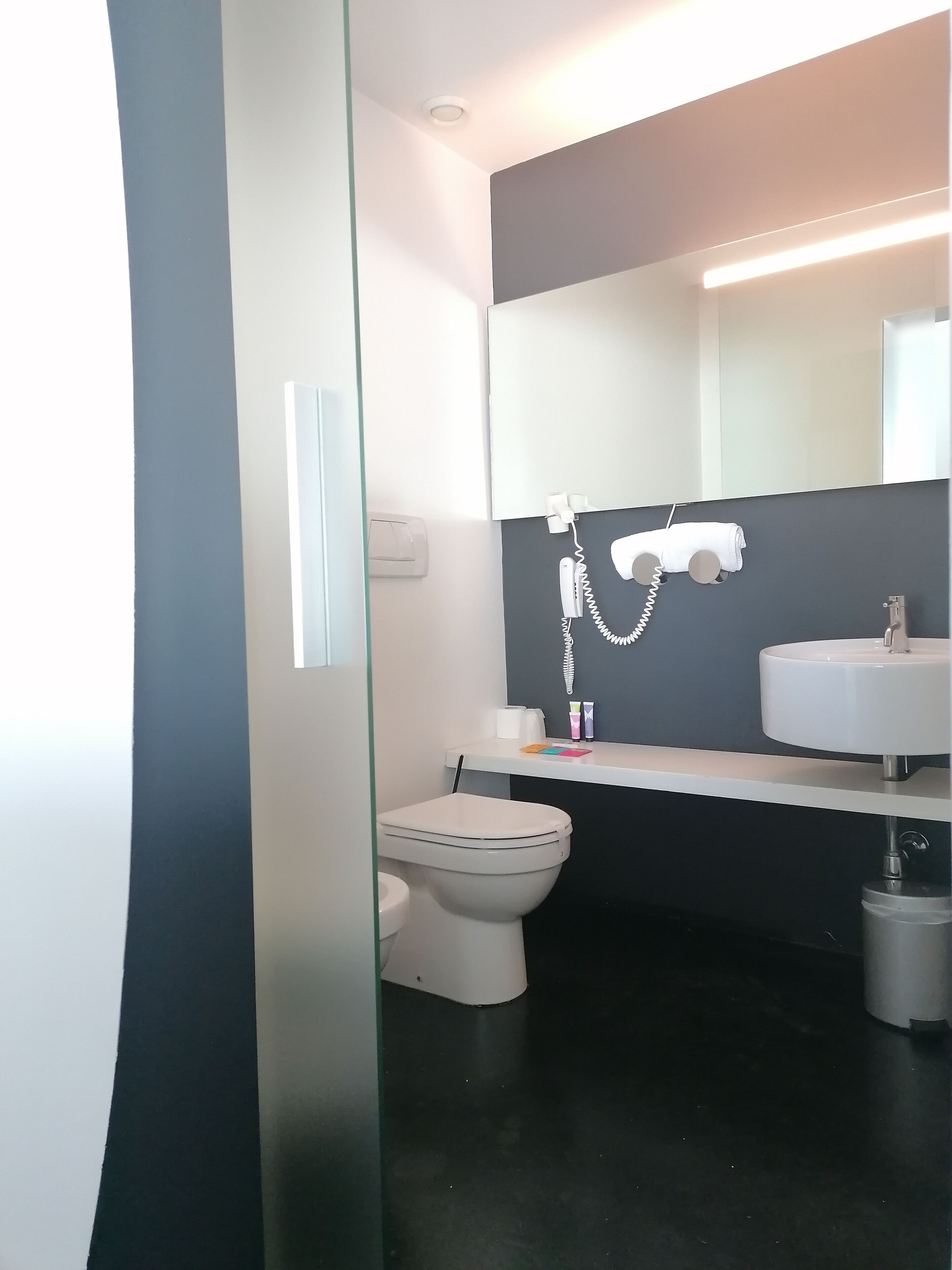 Ein modernes Badezimmer mit Toilette, Fön und Waschbecken.