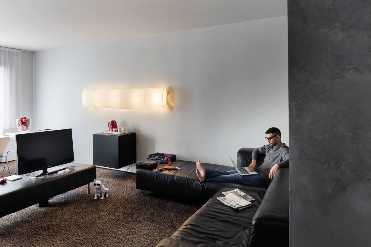 Una sala de estar moderna con un sofá, un televisor, una computadora portátil y un perro.