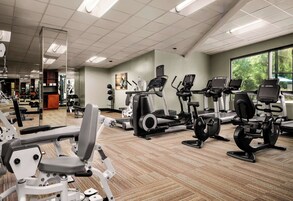 A gym with various exercise equipment, including treadmills and weight machines.