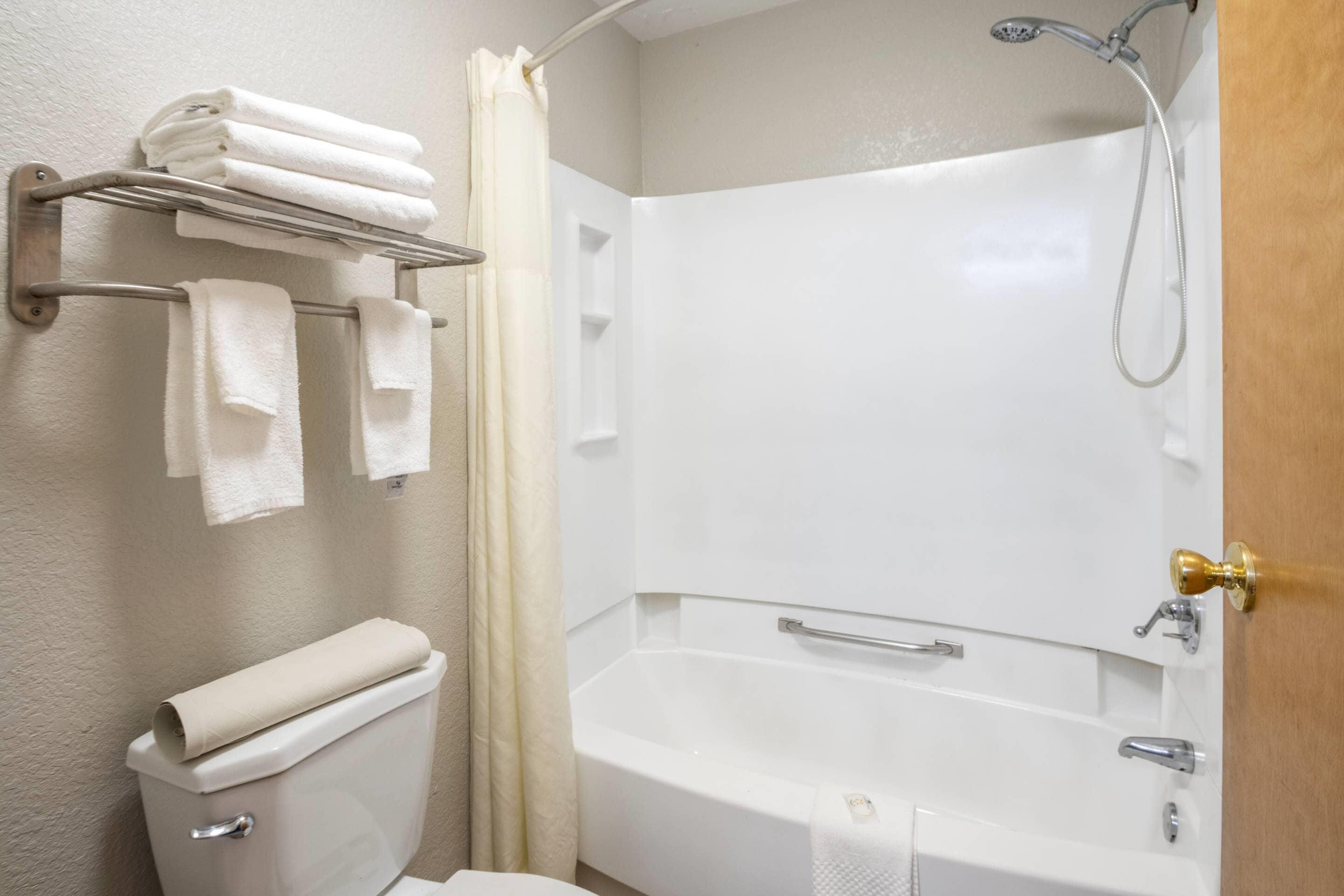 Une salle de bain comprenant des toilettes, un porte-serviettes avec des serviettes pliées, une douche avec un pommeau de douche à main et une baignoire.