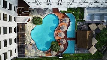 A rooftop swimming pool with multiple lanes, surrounded by lounge areas and greenery.