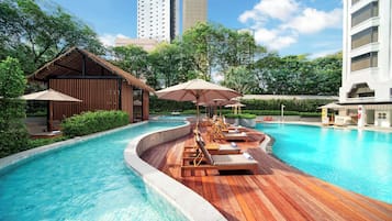 Outdoor pool, sun loungers