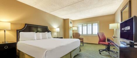 A hotel room with a large bed, a desk with a computer, a chair, and a television.