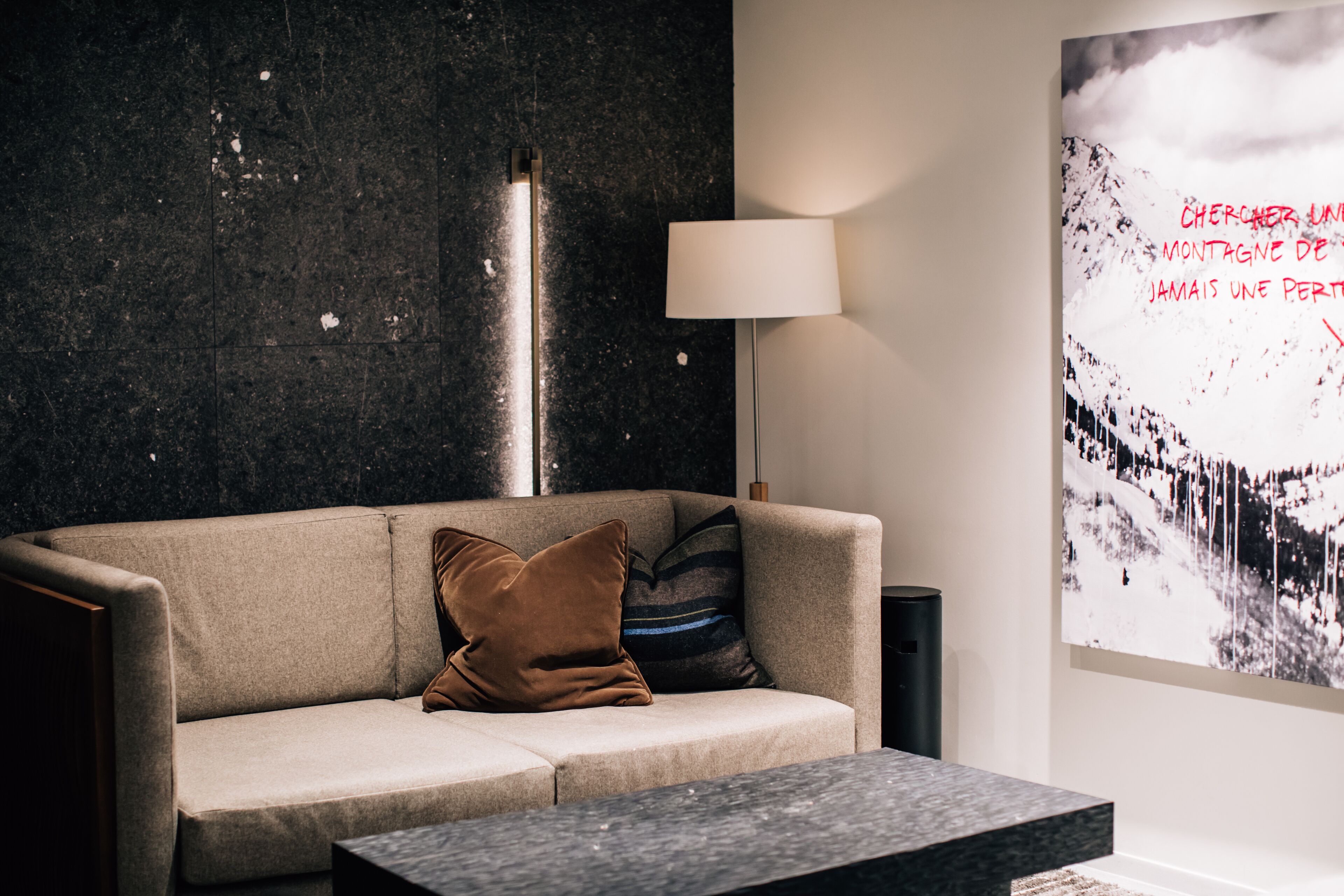 A modern living room with a sofa, a lamp, and a wall-mounted artwork.