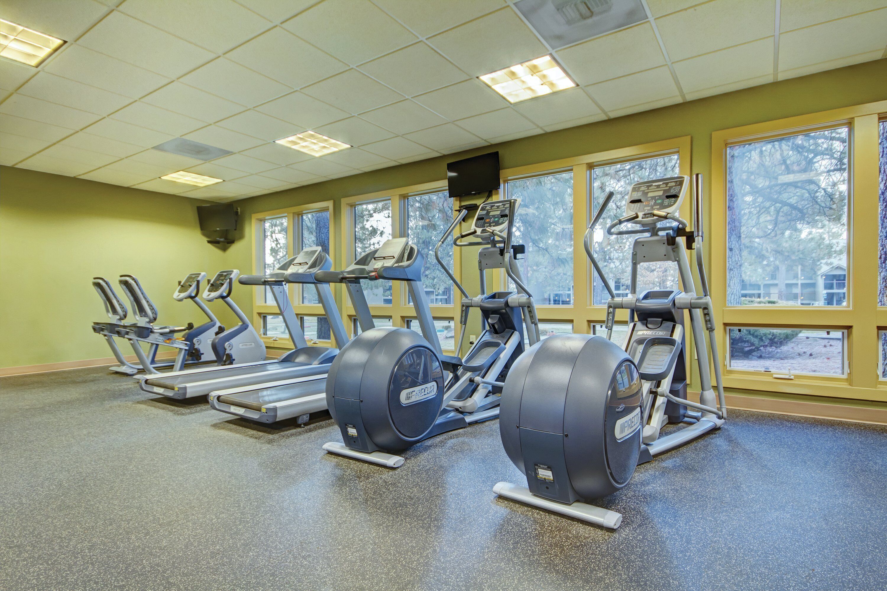 A gym with treadmills, elliptical machines, and stationary bikes.