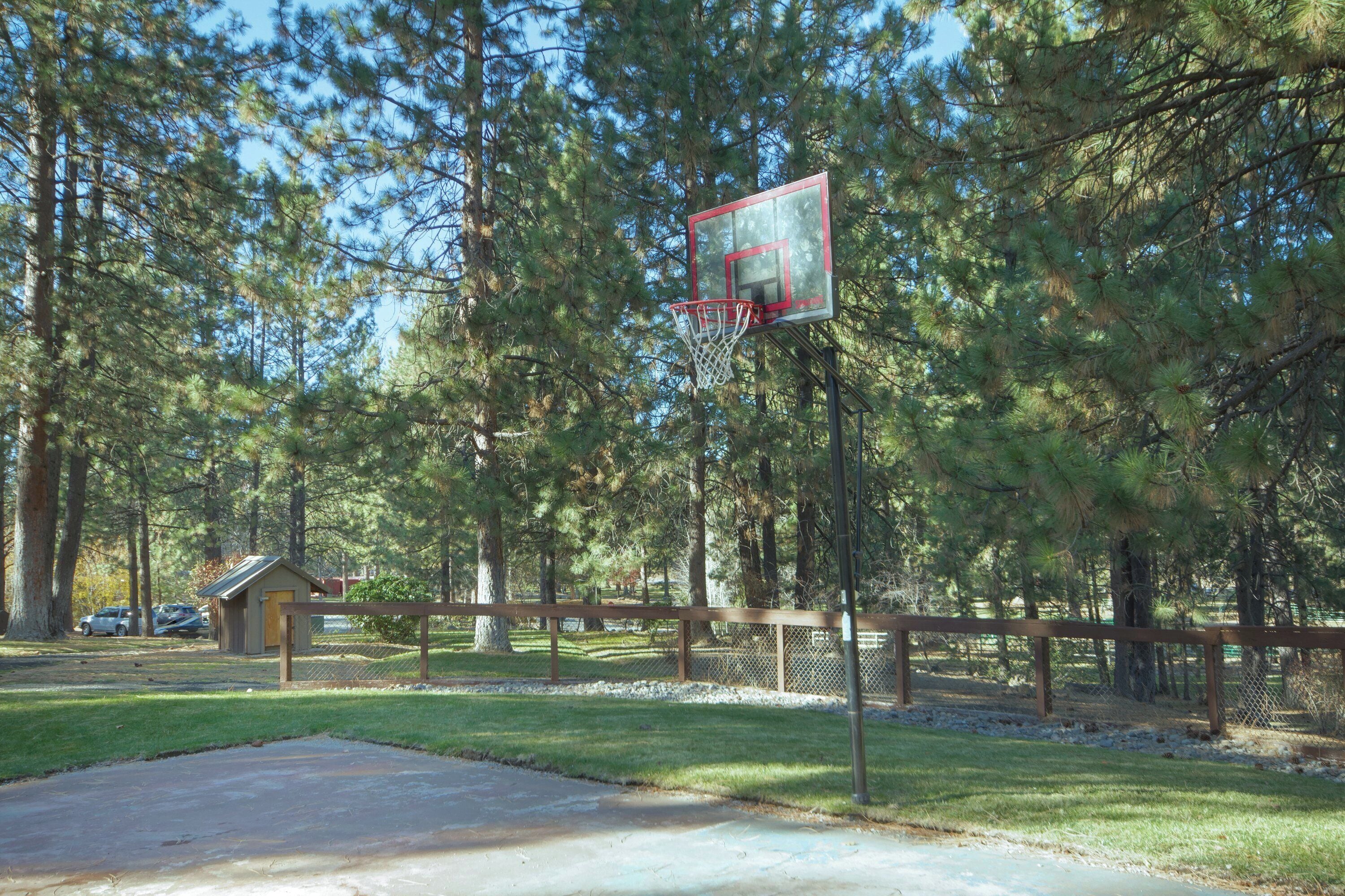 En basketballbane med et træhegn og træer i baggrunden.