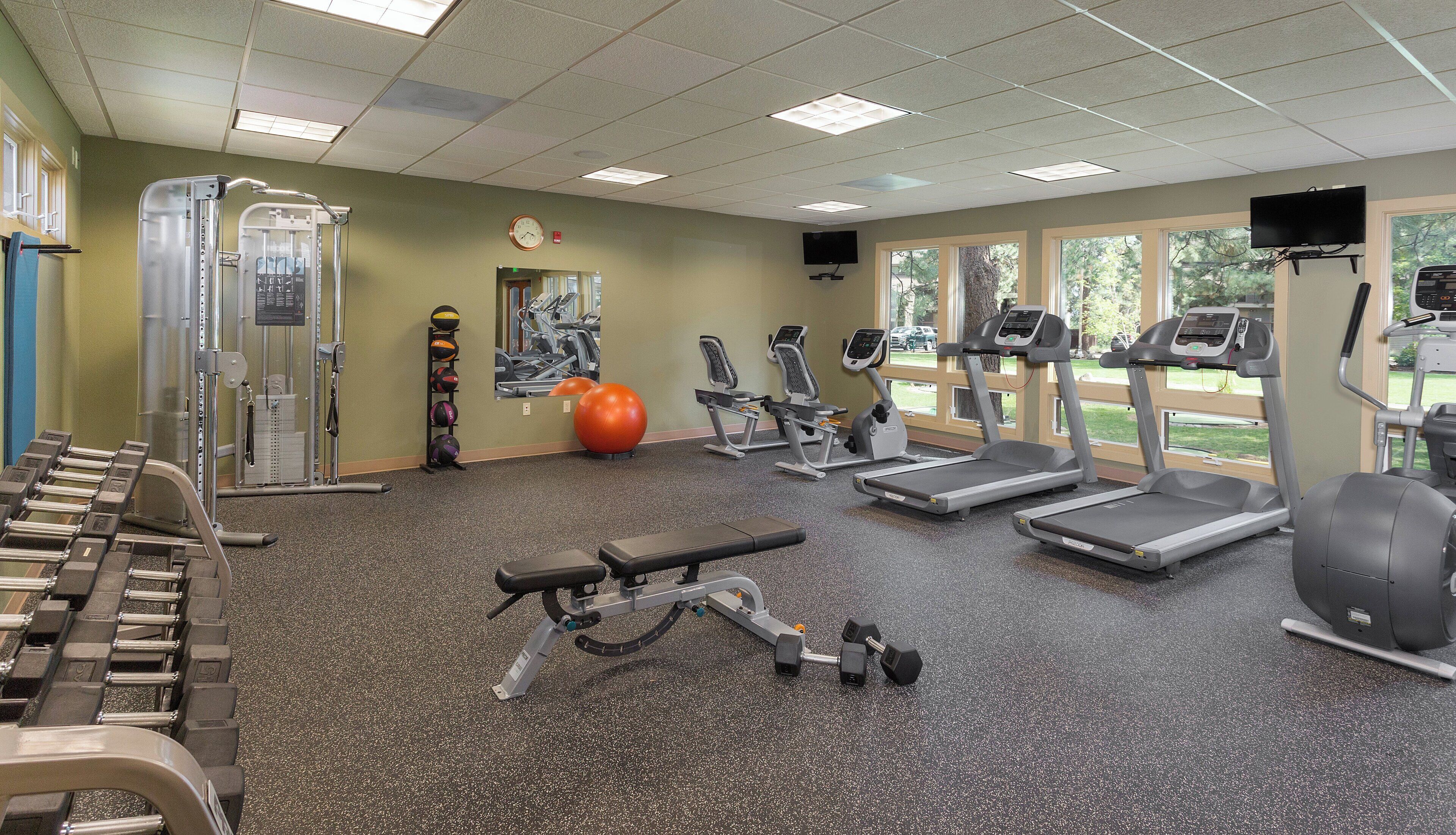 A gym with treadmills, elliptical machines, free weights, and exercise balls.