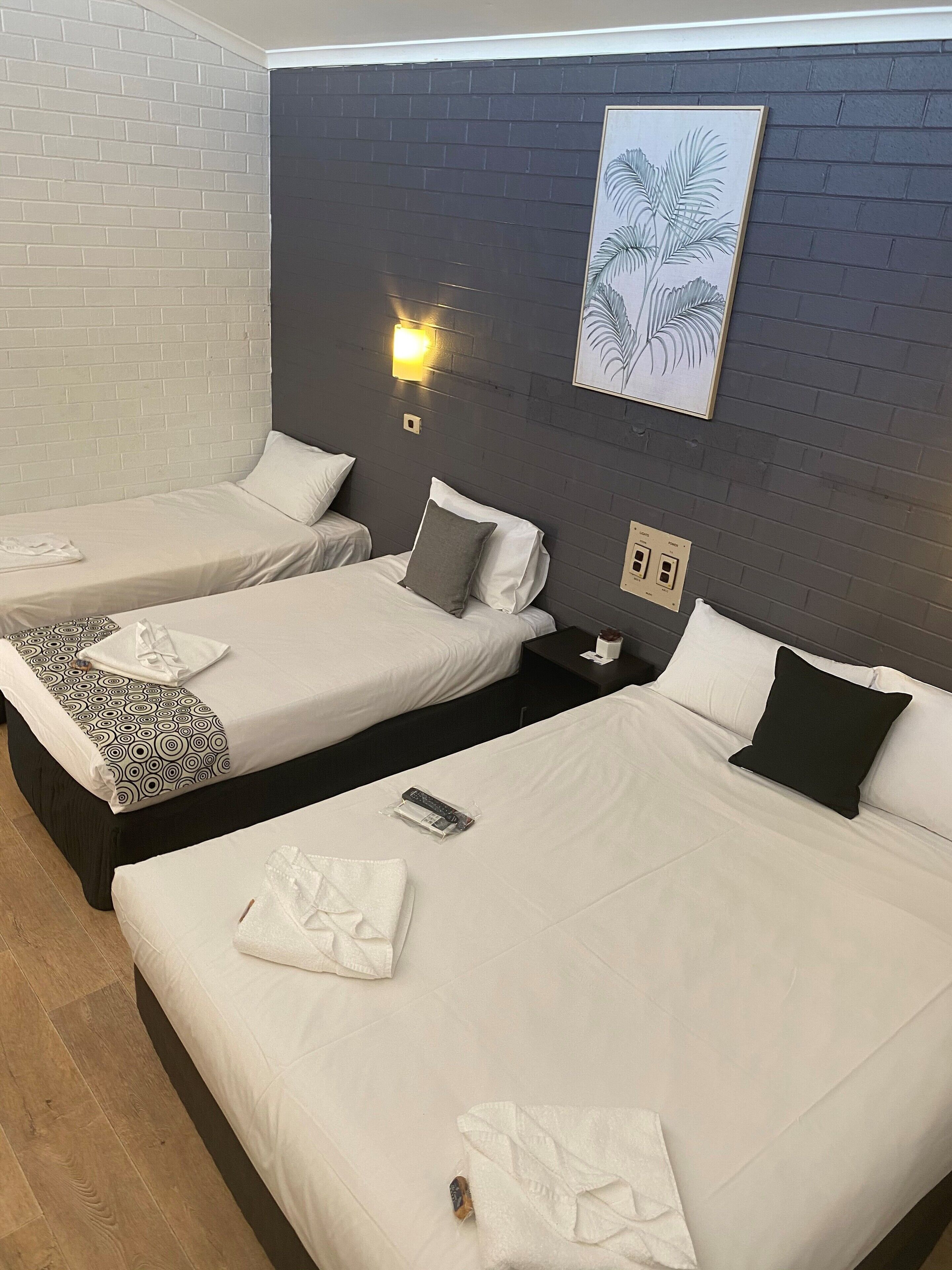Habitación de hotel con dos camas individuales, una mesita de noche, una lámpara de pared y una planta en marco.