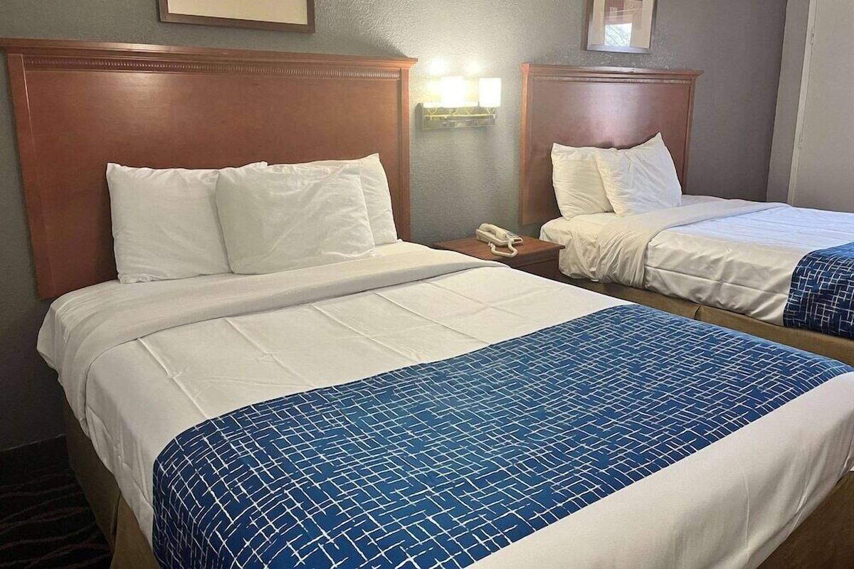 Ein Hotelzimmer mit zwei Betten, einem Nachttisch mit Telefon und einer Wandleuchte.