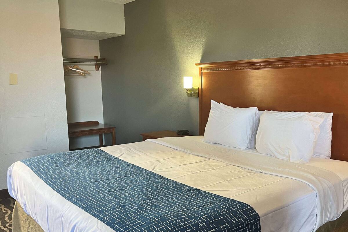 Ein Hotelzimmer mit einem großen Bett, einem Nachttisch, einer Wandlampe und einem Kleiderhaken.