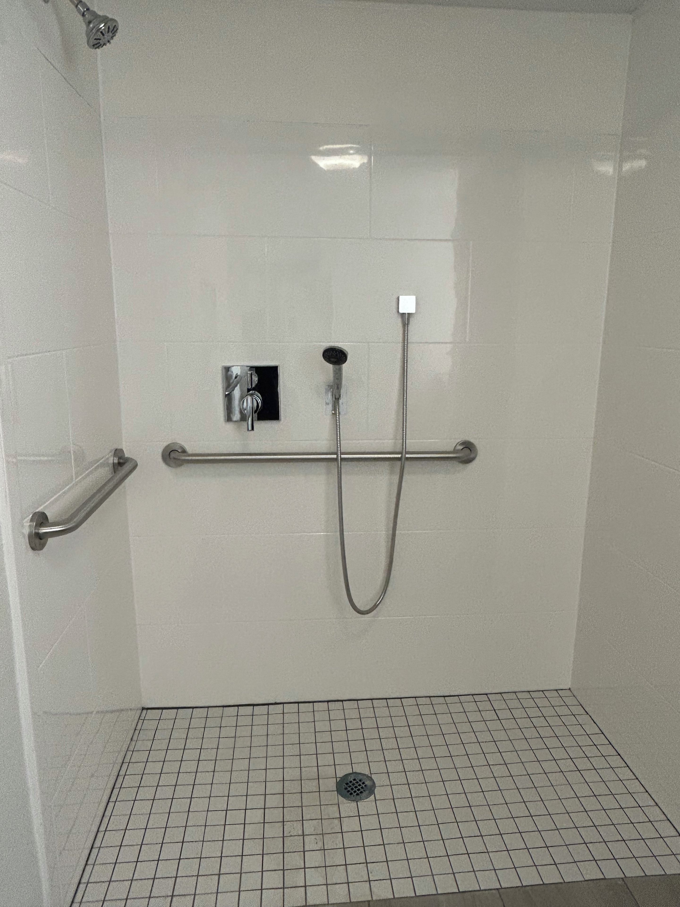 Een douchegedeelte met een handdouche en een wandmengkraan.