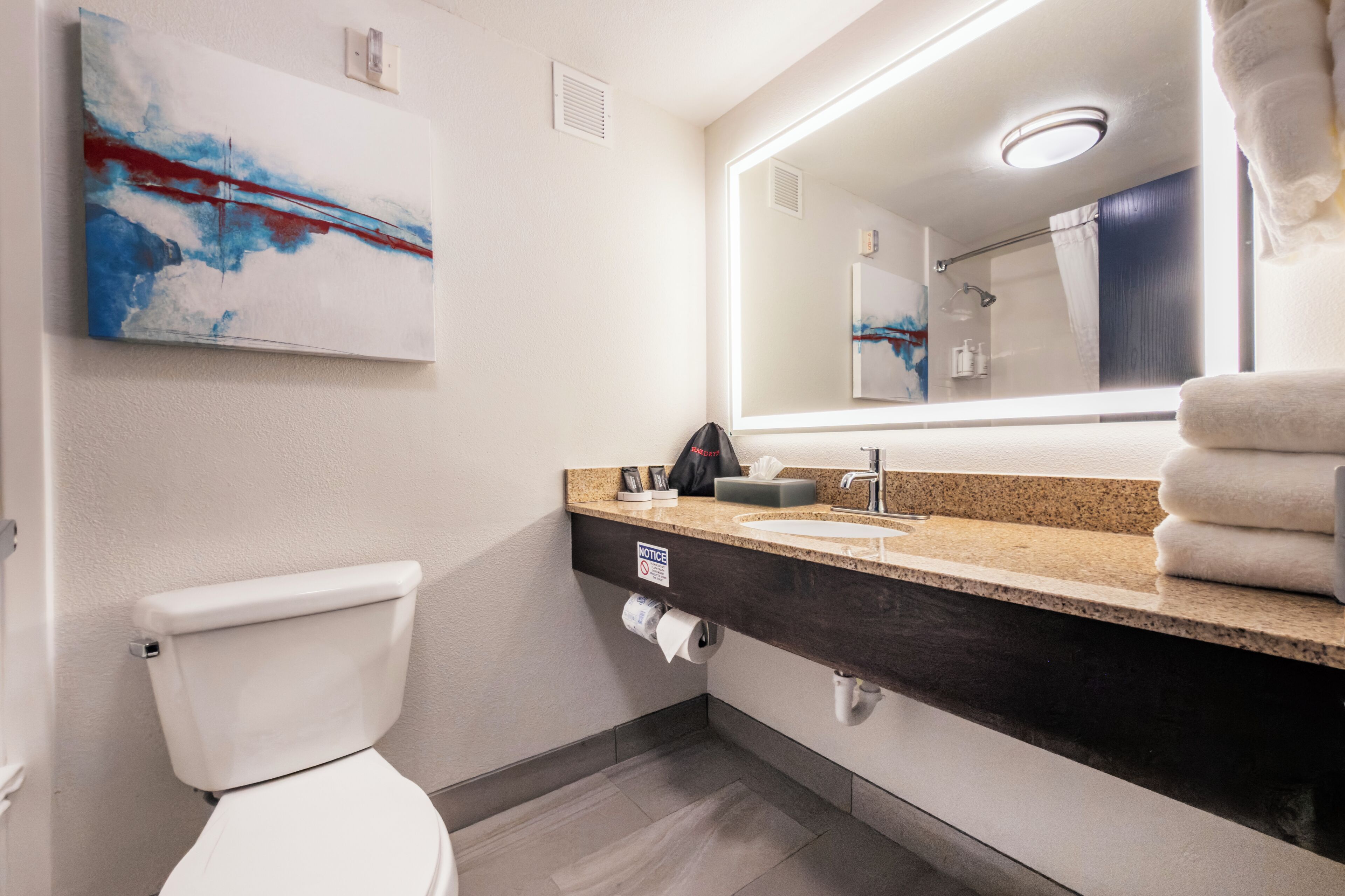 Combined shower/bathtub, free toiletries, hair dryer, towels