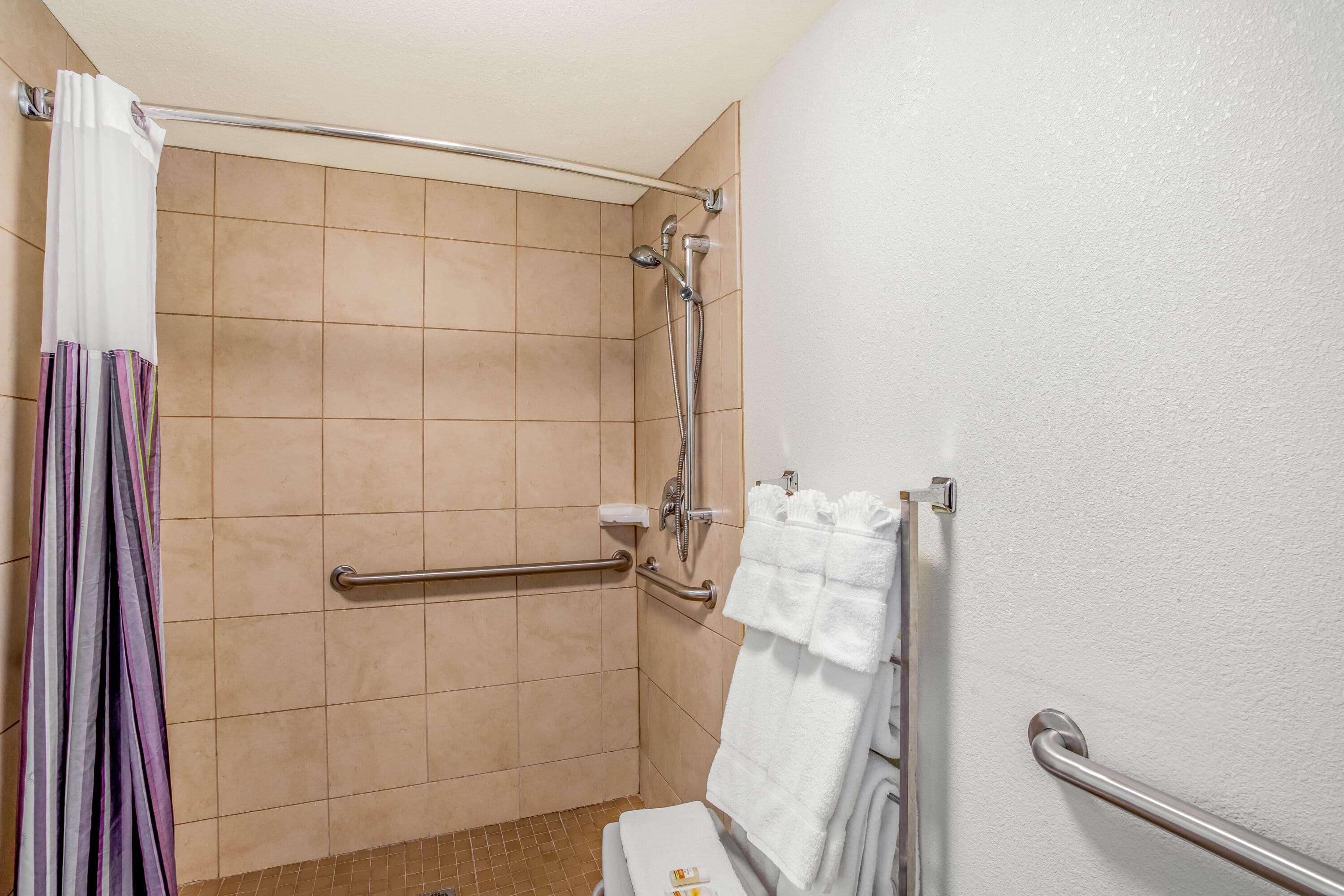 combined shower/bathtub, free toiletries, hair dryer, towels