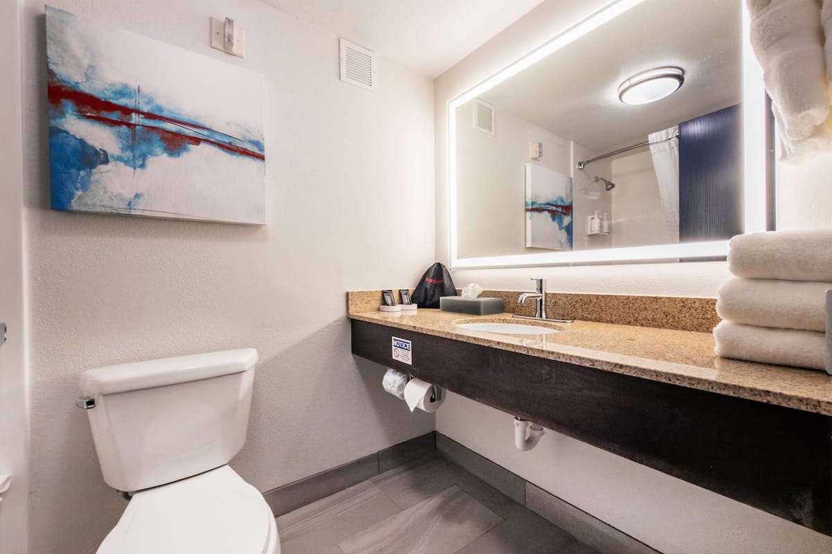 Une salle de bain moderne équipée de toilettes, d’un lavabo, d’un miroir et d’une œuvre d’art abstraite accrochée au mur.