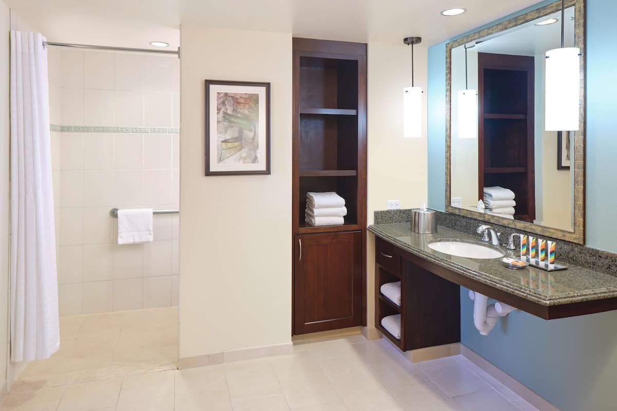 Een badkamer met een douche, een wastafel, een spiegel en een handdoekrek.
