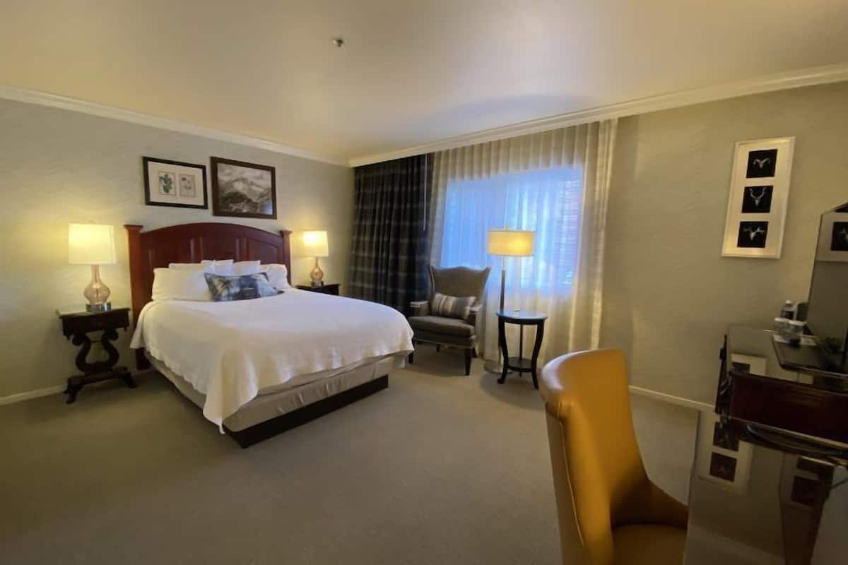 A hotel room with a bed, two bedside tables with lamps, a chair, a desk, and a large window with curtains.