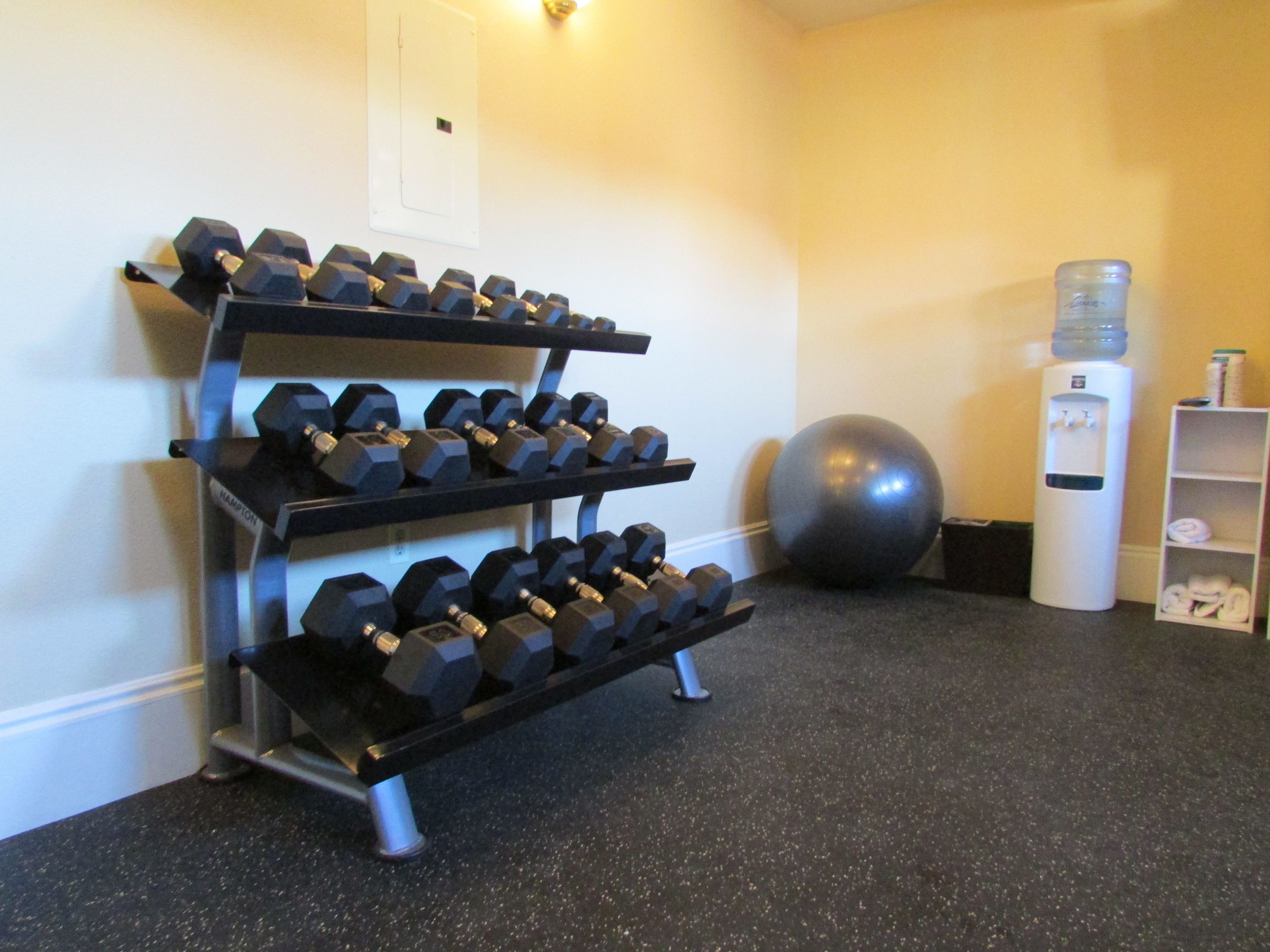 A gym with a rack of dumbbells, a water dispenser, and exercise balls.