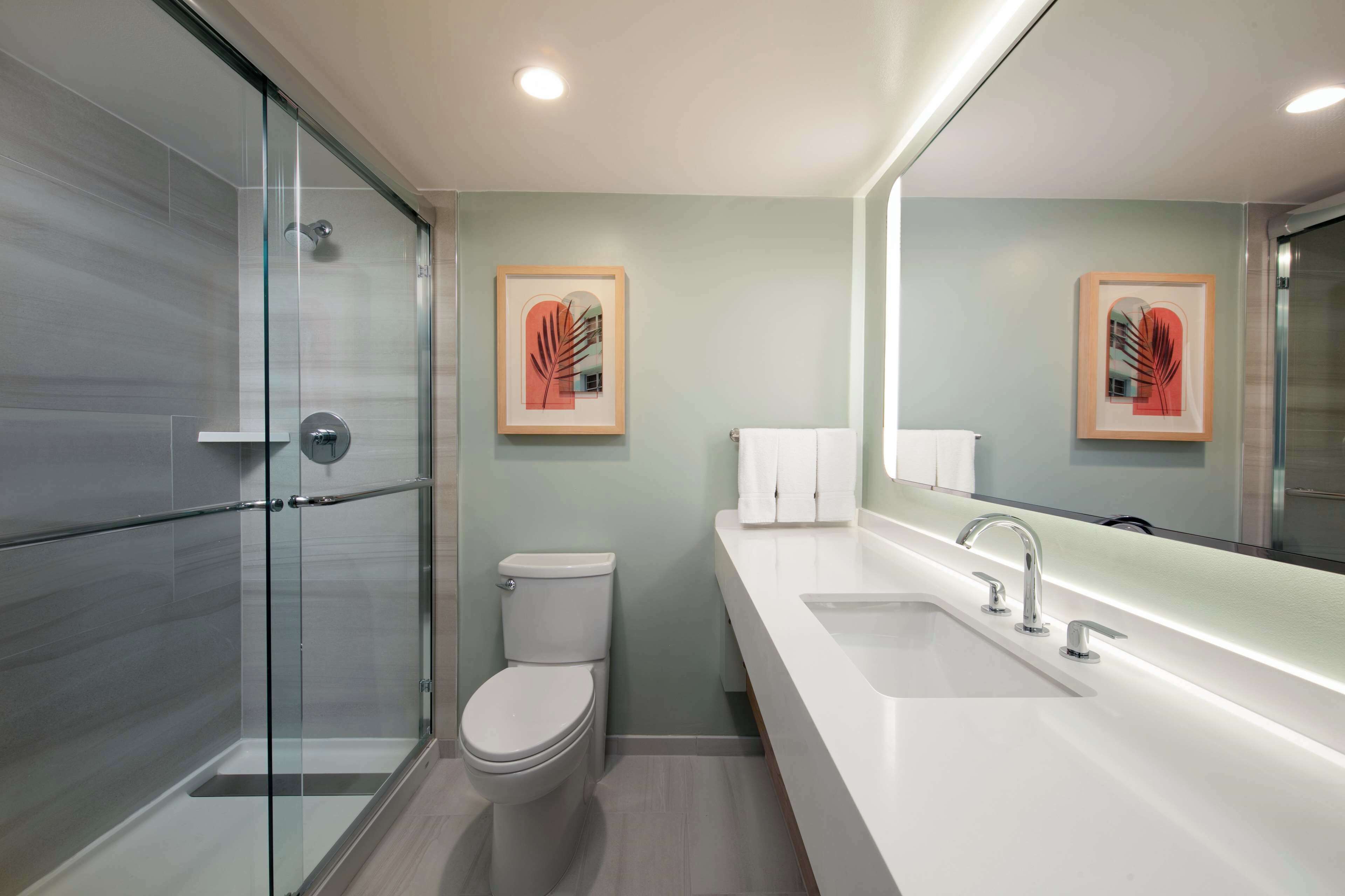 A modern bathroom with a glass shower enclosure, a toilet, a sink with a mirror, and two framed artworks on the wall.