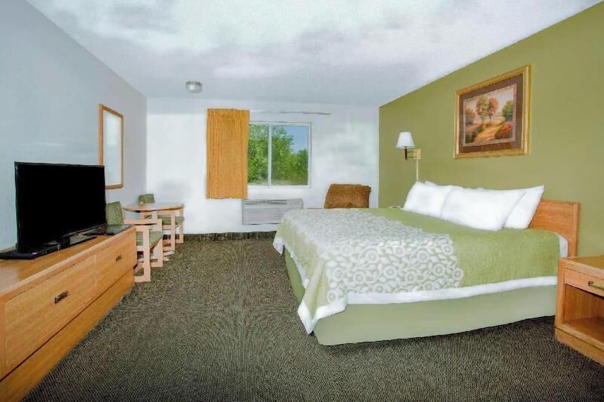 Une chambre d’hôtel avec un lit, une télévision, un bureau, une chaise, une fenêtre et un tableau au mur.