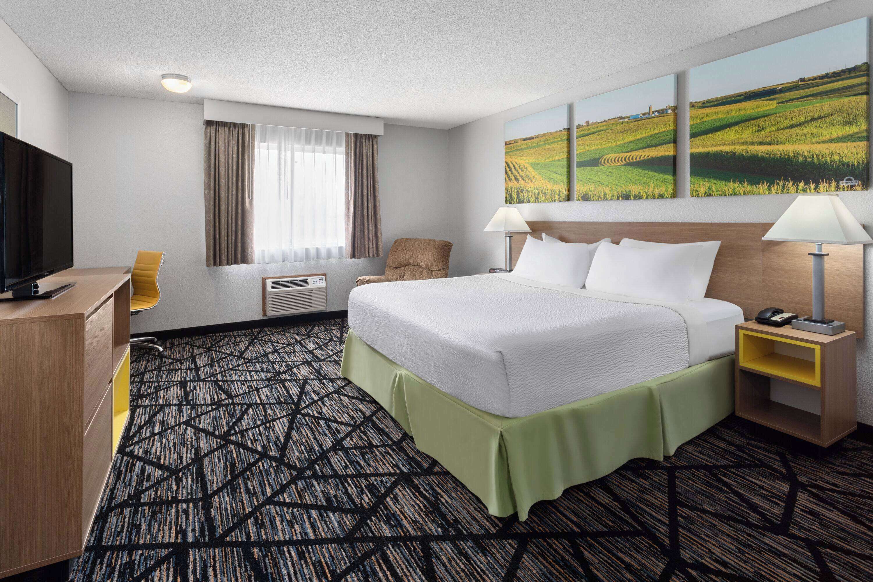 A hotel room with a large bed, a desk with a television, a chair, and a painting of a field on the wall.