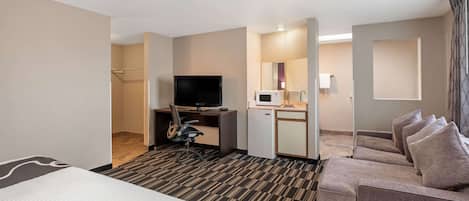 A hotel room with a bed, a sofa, a desk with a TV, a microwave, and a shower area.