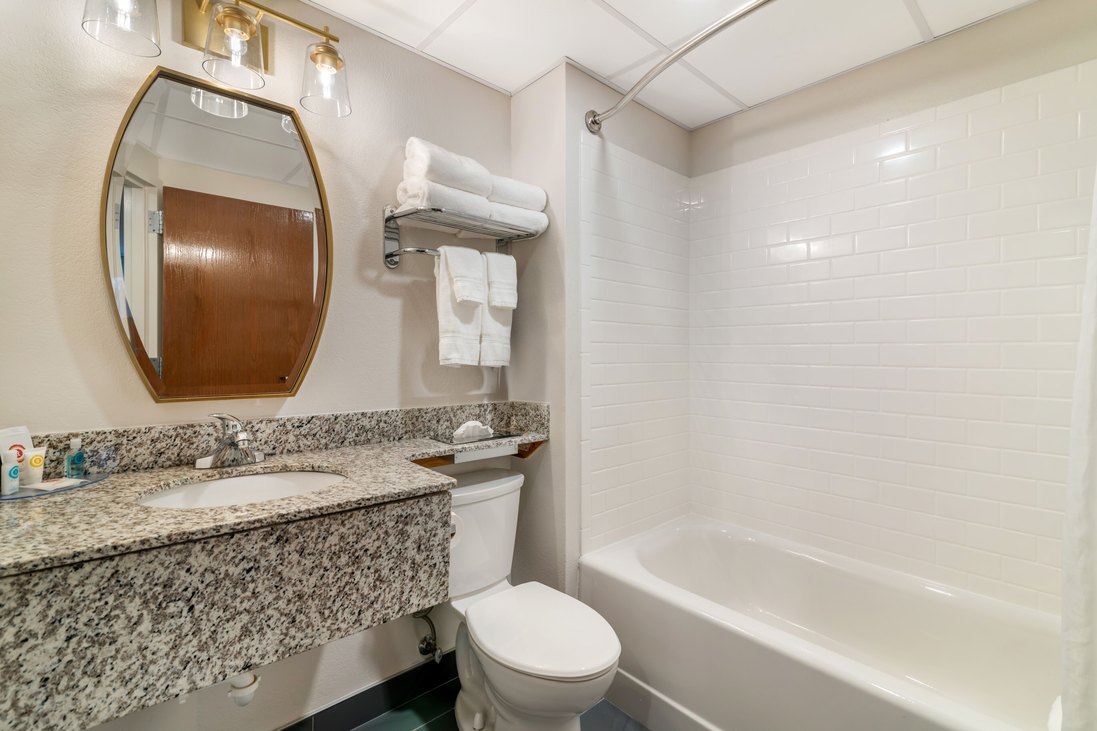 A bathroom with a granite countertop sink, a toilet, a bathtub, and a mirror with lights.