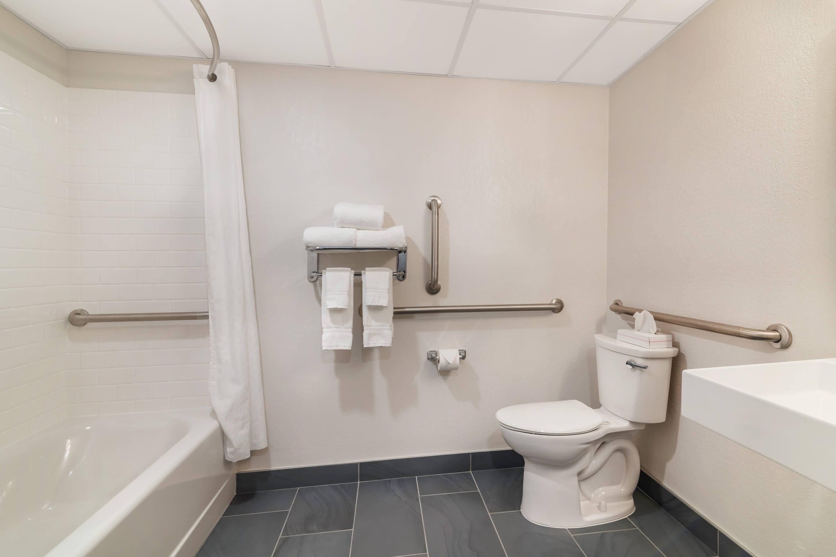 A bathroom with a bathtub, toilet, and shower.