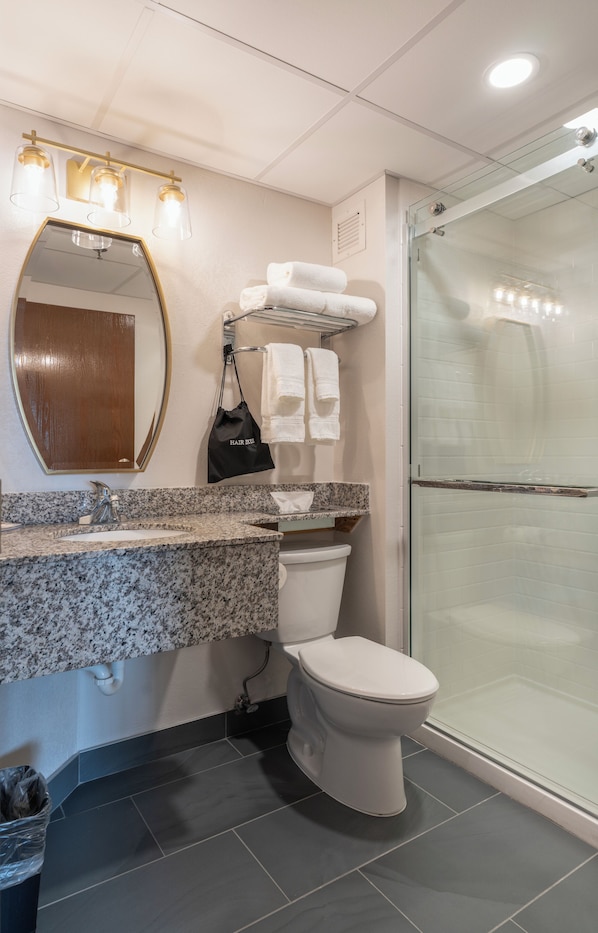 Combined shower/tub, free toiletries, hair dryer, towels