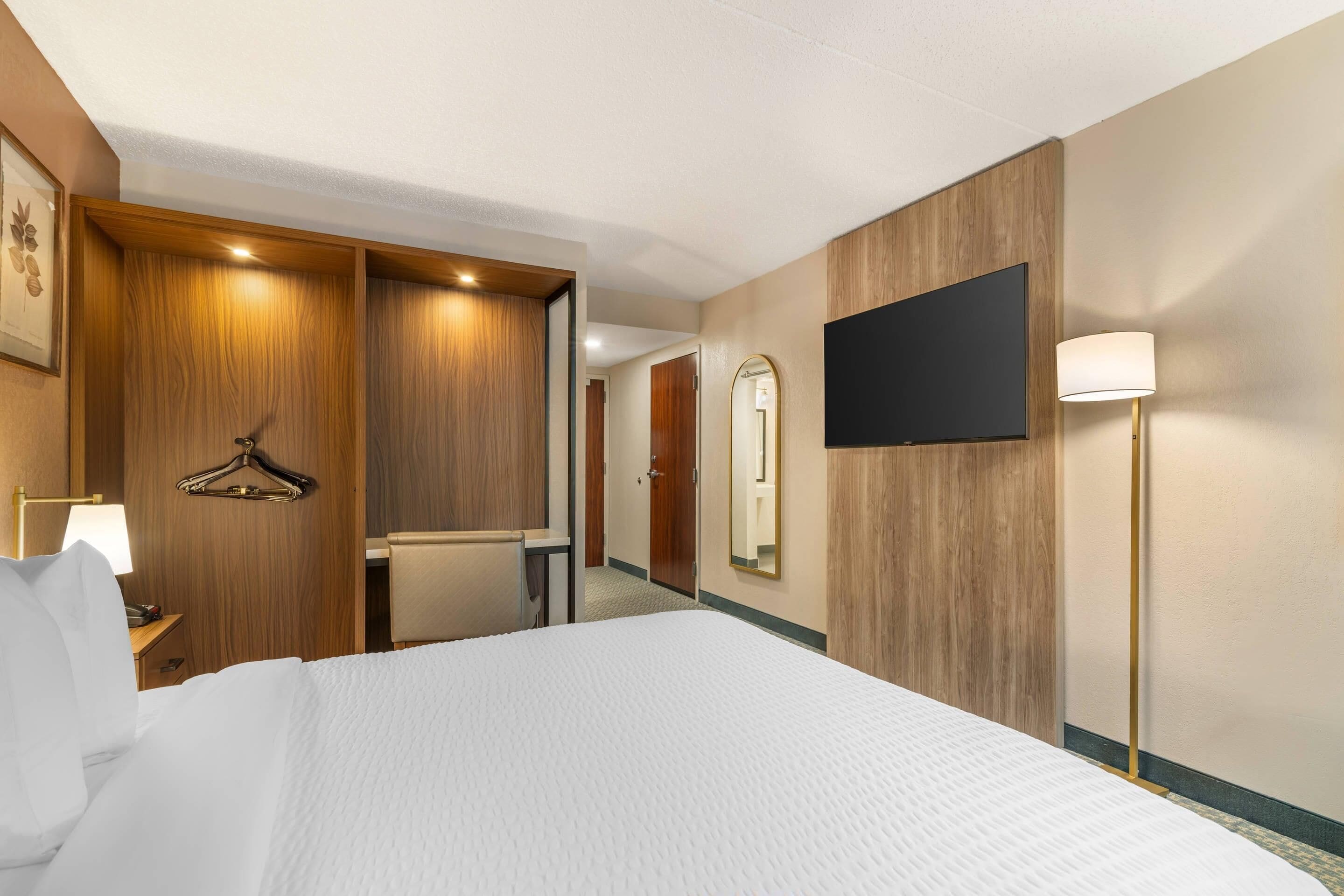 Quarto de hotel com uma cama grande, televisão de tela plana, espelho, luminária e guarda-roupa de madeira.