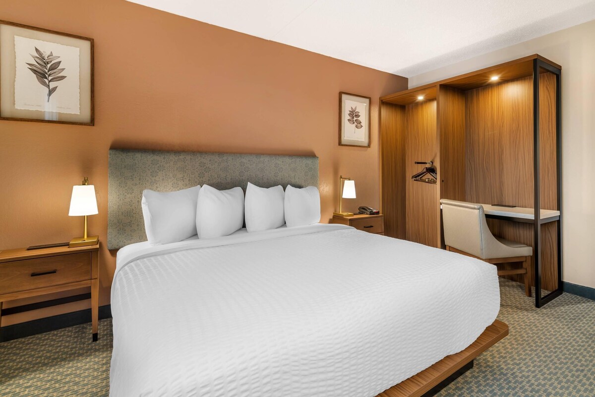 Habitación de hotel con una cama grande, dos mesitas de noche con lámparas, un escritorio de madera y un armario.