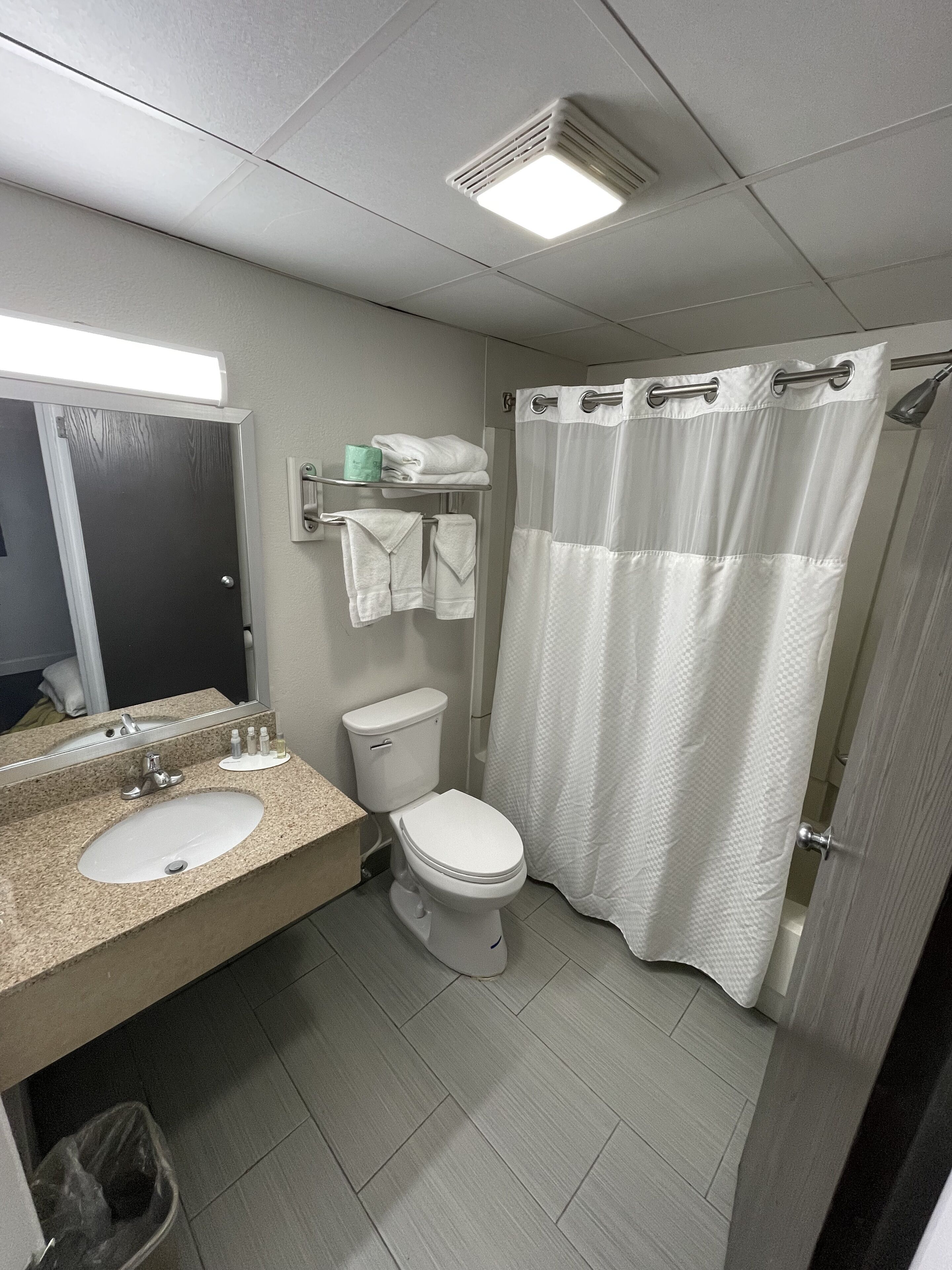 A bathroom with a sink, toilet, and shower curtain.