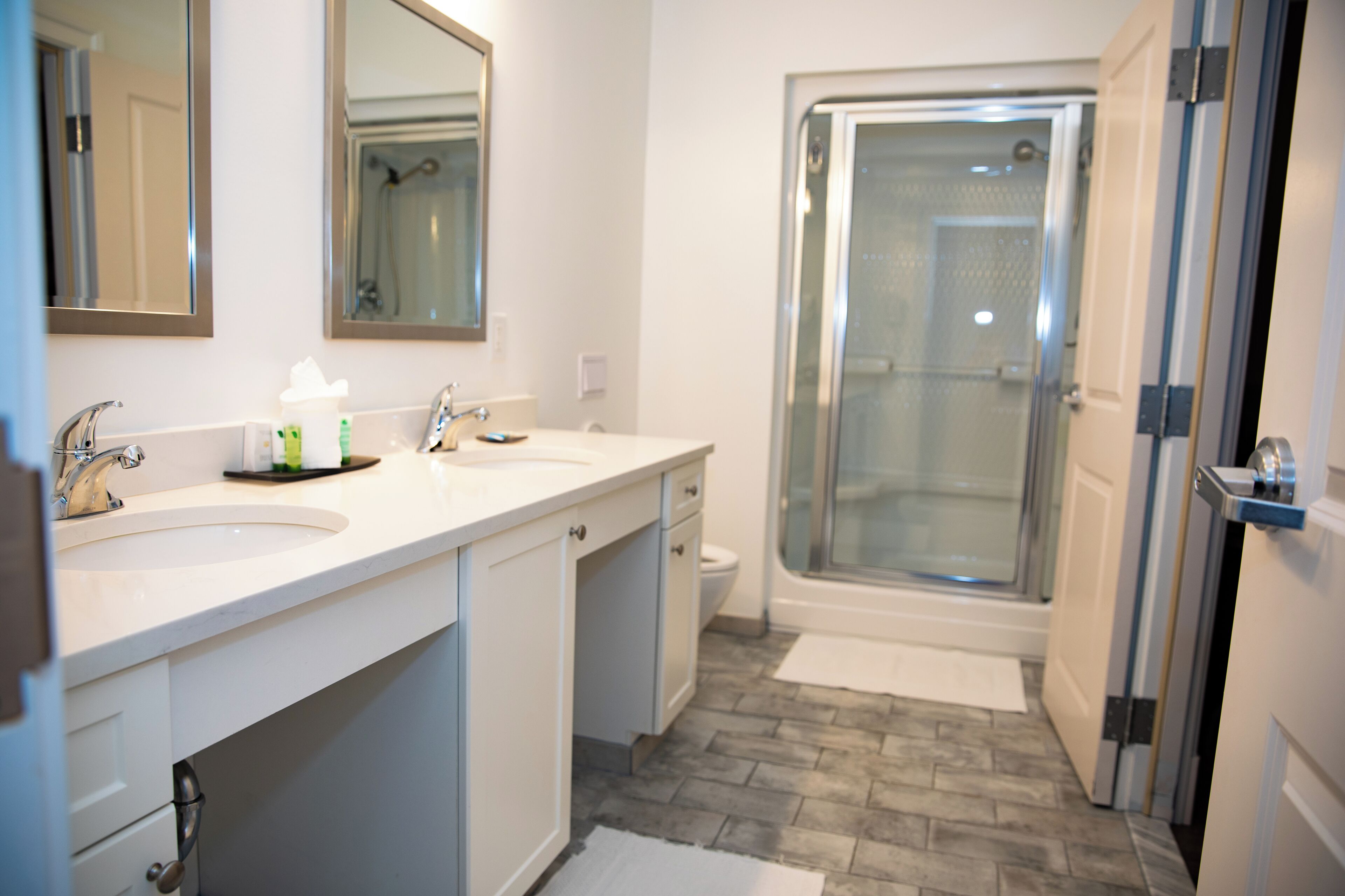 A modern bathroom with two sinks, a mirror, and a glass-enclosed shower.