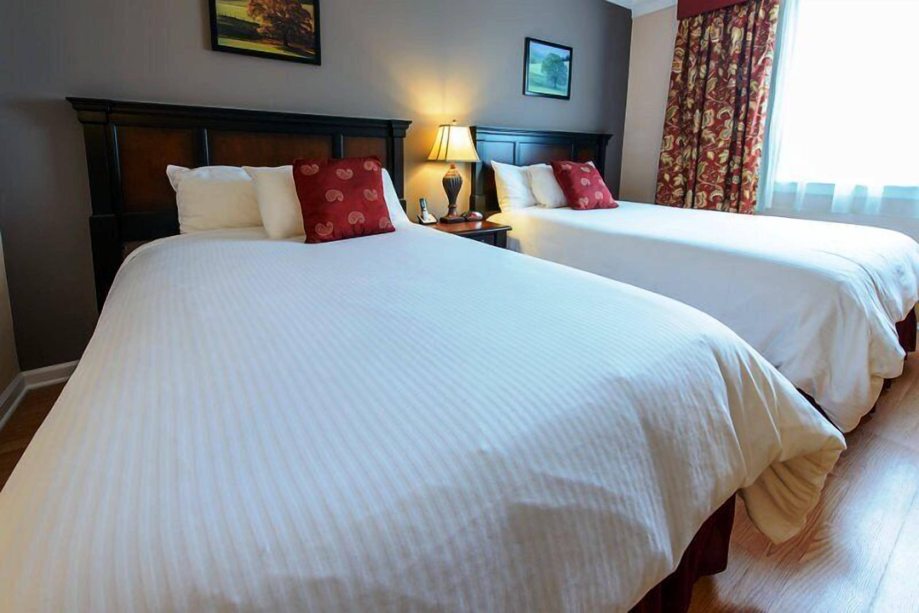 A hotel room with two beds, each with white linens and red pillows, a nightstand with a lamp, and a window with curtains.