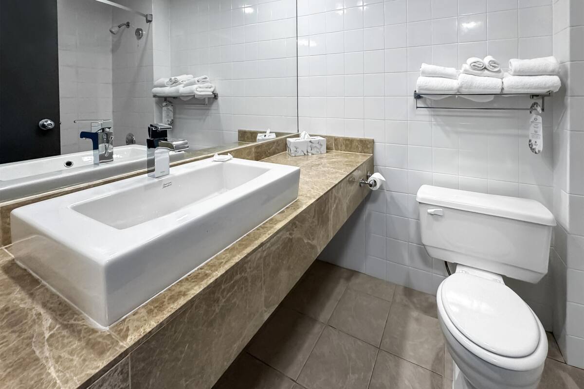 combined shower/bathtub, rainfall showerhead, designer toiletries