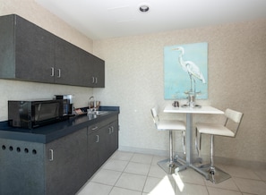 Mini-fridge, microwave, coffee/tea maker, electric kettle